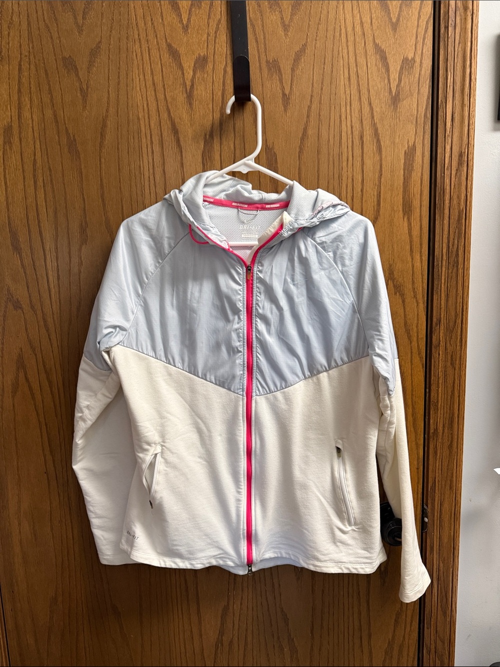 Nike Light Blue and White Hooded Jacket with Pink Zip